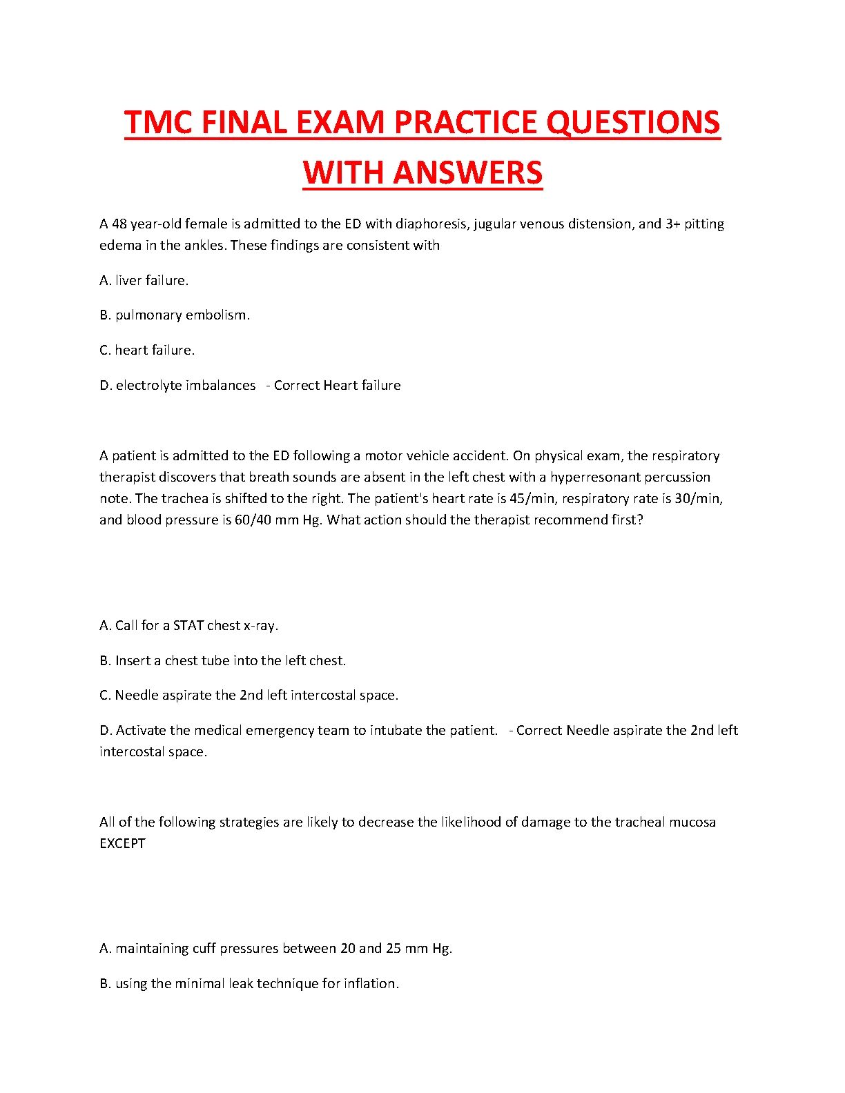 TMC FINAL EXAM PRACTICE QUESTIONS WITH ANSWERS 2023/ 2024. GUARANTEED PASS