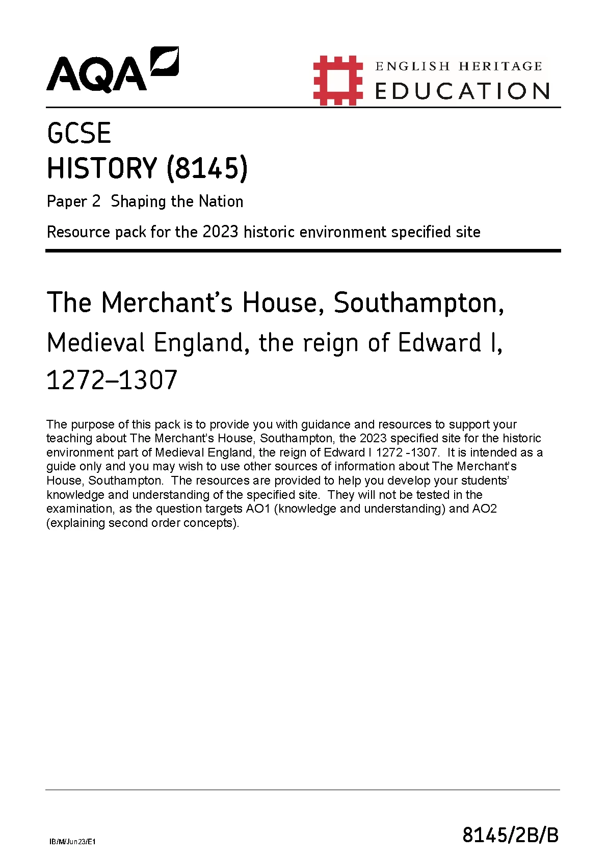 AQA GCSE HISTORY PAPER 2B JUNE 2023 (8145/2B/B :Shaping the Nation ...